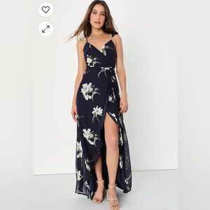 Lulus All Mine Navy Blue Floral Print High-Low Wrap Dress